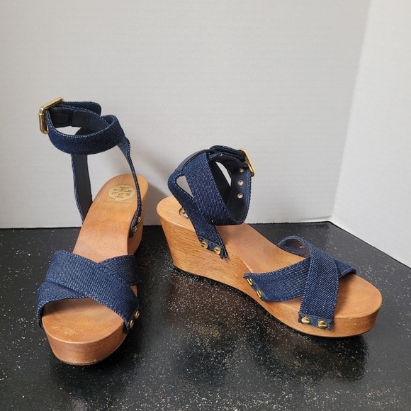 Tory Burch Risley Denim and Wood Wedges - Picture 1 of 9